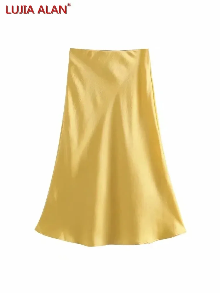 Hot Sale Solid Satin Elastic Waist Women A-Line Skirt Summer Female Slim Falda Midi LUJIA ALAN P1596