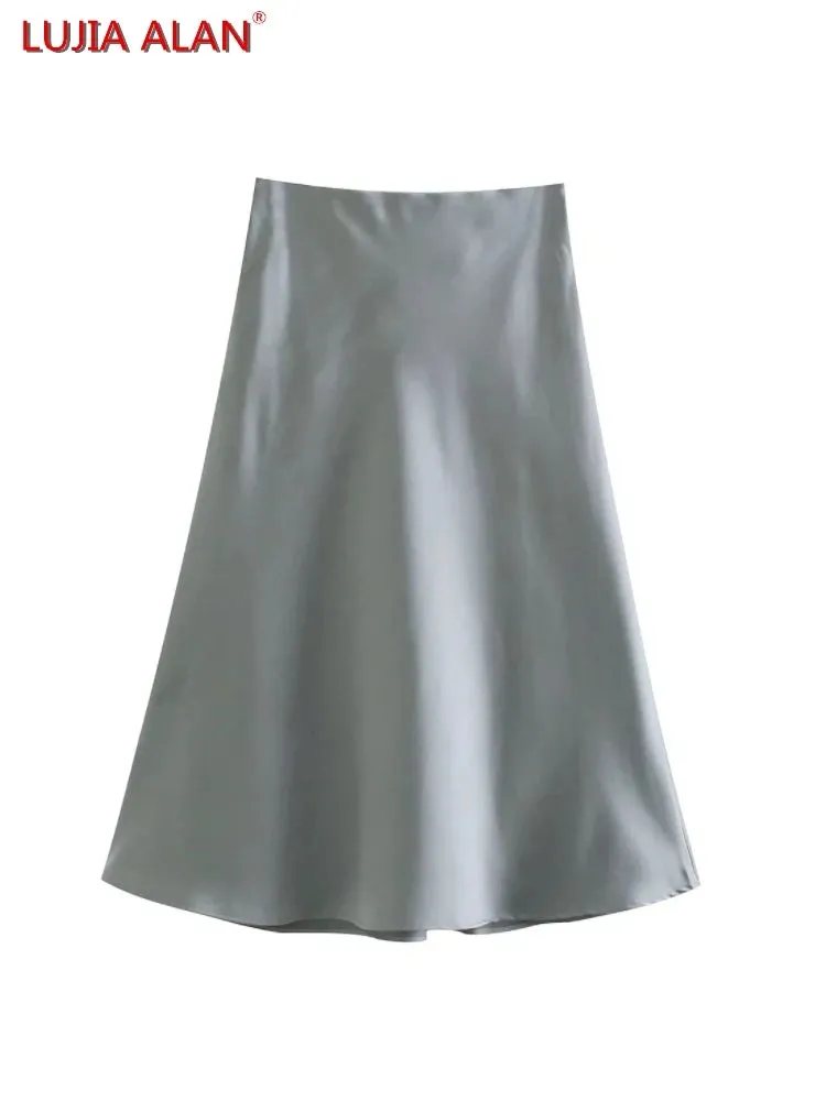 Hot Sale Solid Satin Elastic Waist Women A-Line Skirt Summer Female Slim Falda Midi LUJIA ALAN P1596