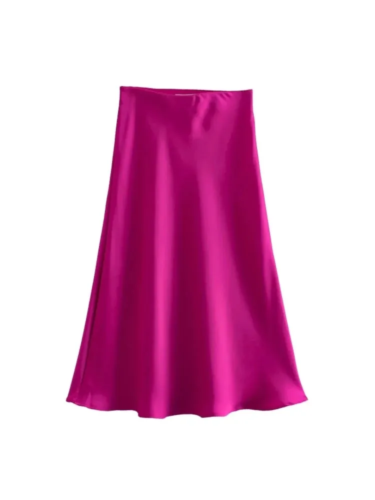 Hot Sale Solid Satin Elastic Waist Women A-Line Skirt Summer Female Slim Falda Midi LUJIA ALAN P1596