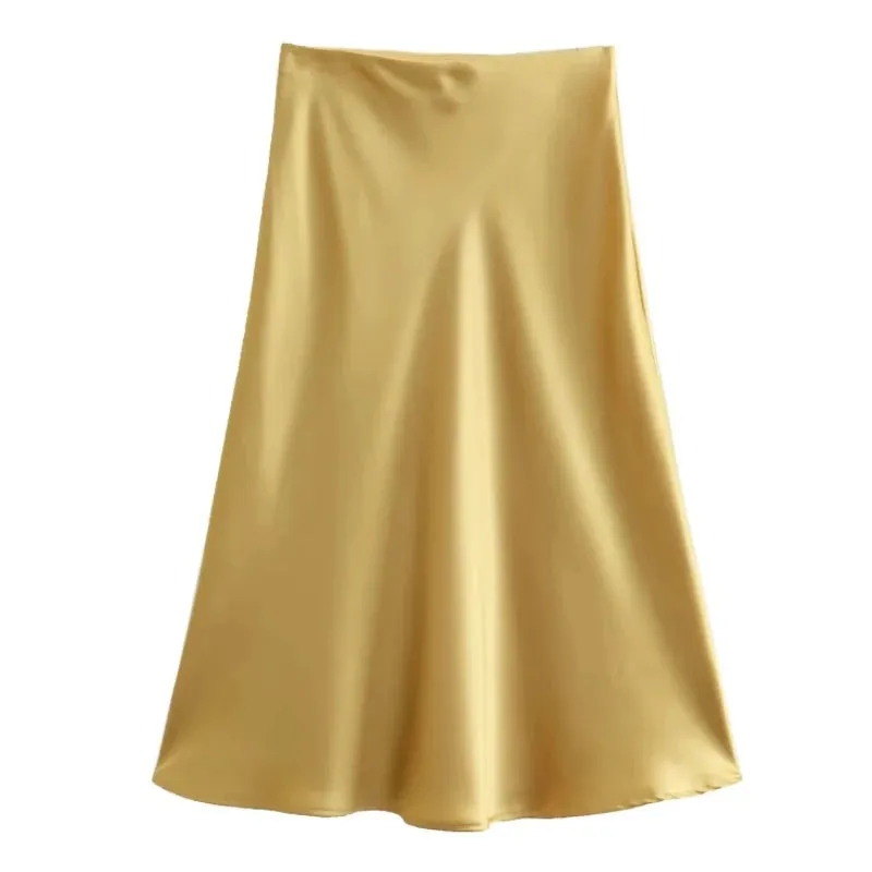 Hot Sale Solid Satin Elastic Waist Women A-Line Skirt Summer Female Slim Falda Midi LUJIA ALAN P1596