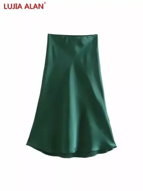 Hot Sale Solid Satin Elastic Waist Women A-Line Skirt Summer Female Slim Falda Midi LUJIA ALAN P1596