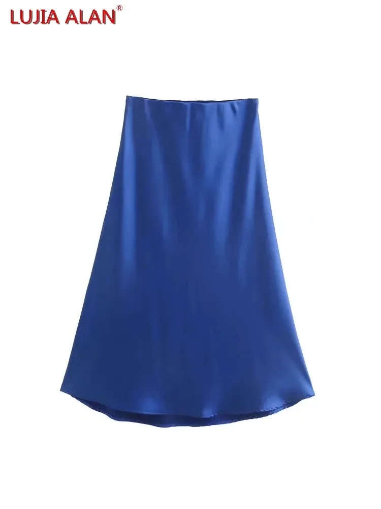 Hot Sale Solid Satin Elastic Waist Women A-Line Skirt Summer Female Slim Falda Midi LUJIA ALAN P1596