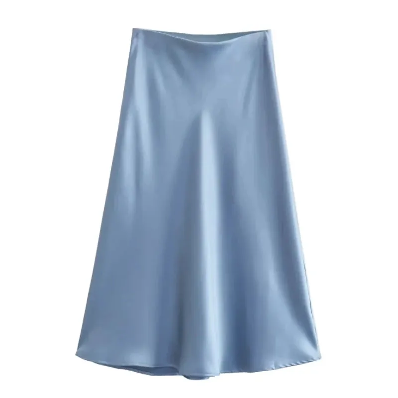 Hot Sale Solid Satin Elastic Waist Women A-Line Skirt Summer Female Slim Falda Midi LUJIA ALAN P1596