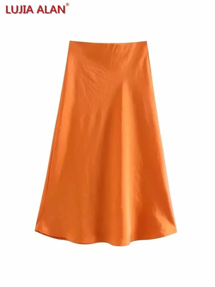 Hot Sale Solid Satin Elastic Waist Women A-Line Skirt Summer Female Slim Falda Midi LUJIA ALAN P1596