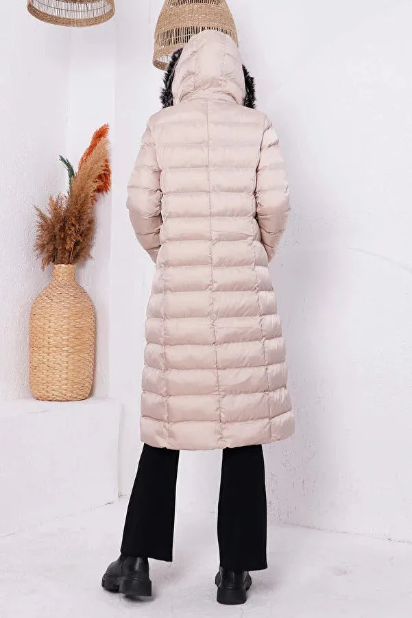 Imajbutik Women's Beige Modest Hooded Zippered Hijab Puffer Coat