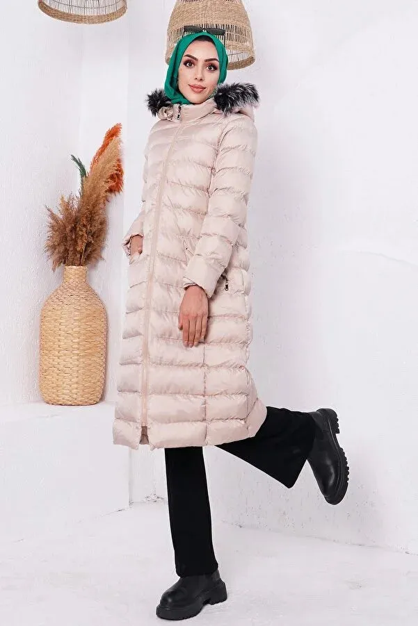 Imajbutik Women's Beige Modest Hooded Zippered Hijab Puffer Coat