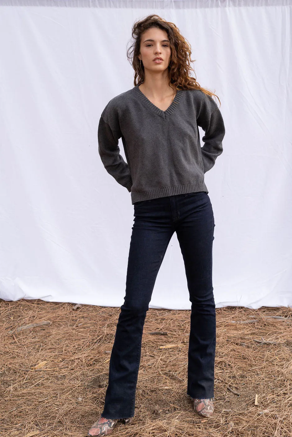 Jolene V Neck Sweater in Charcoal