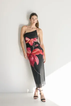 Juliette Sleeveless One Shoulder Mesh Floral Print Maxi Dress Black