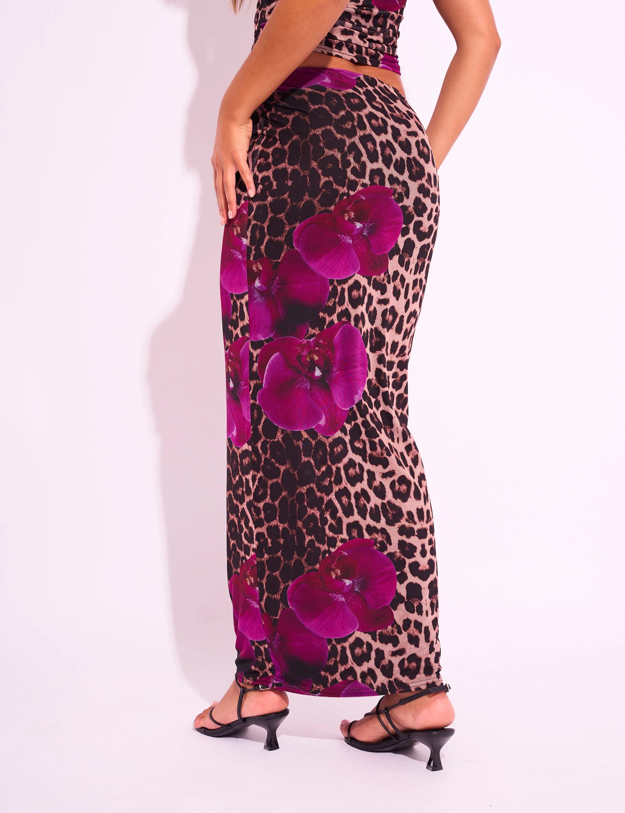 Kaiia Slinky Floral Print Maxi Skirt Co-ord Leopard