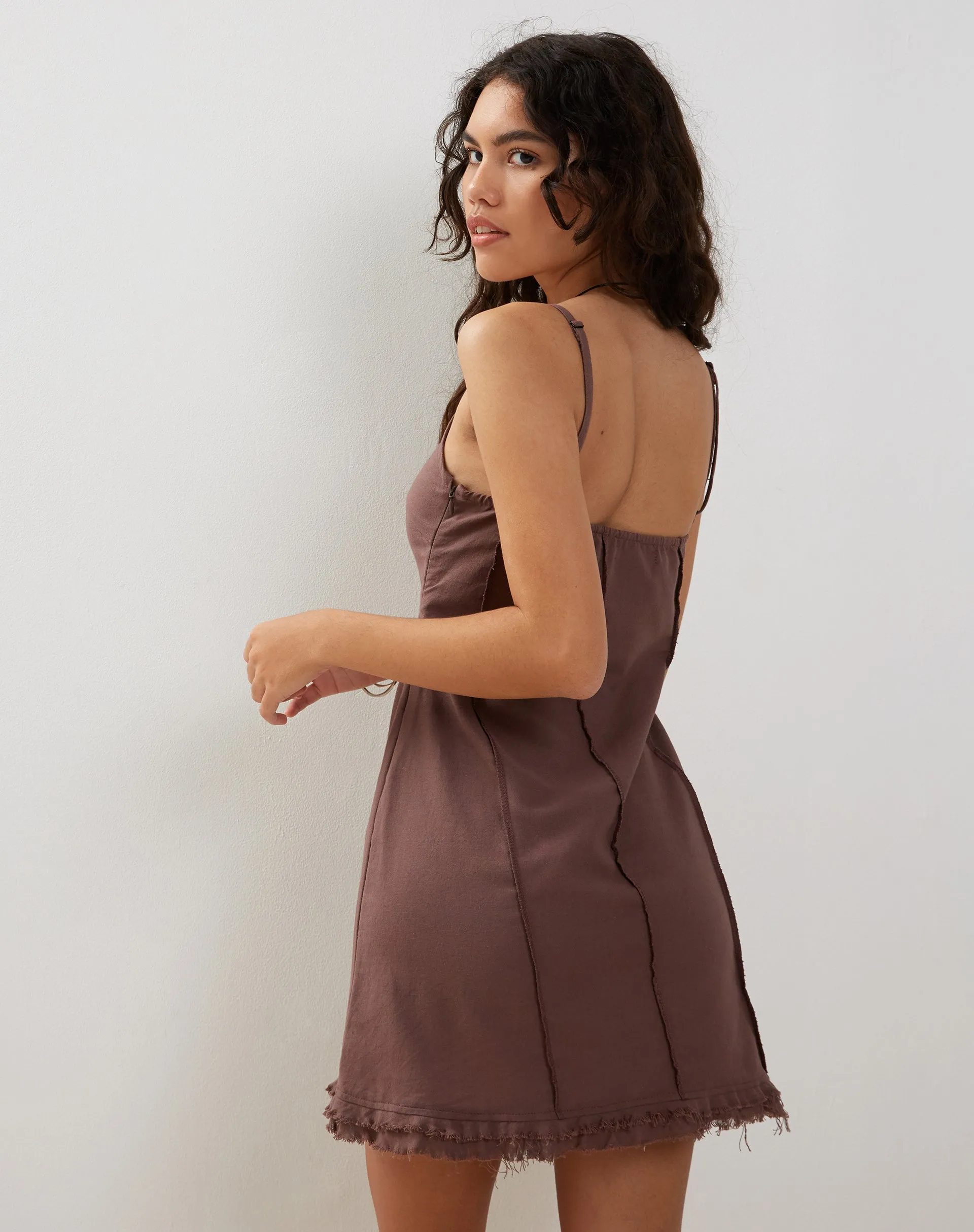 Kaneisa Pintuck Mini Slip Dress in Deep Taupe