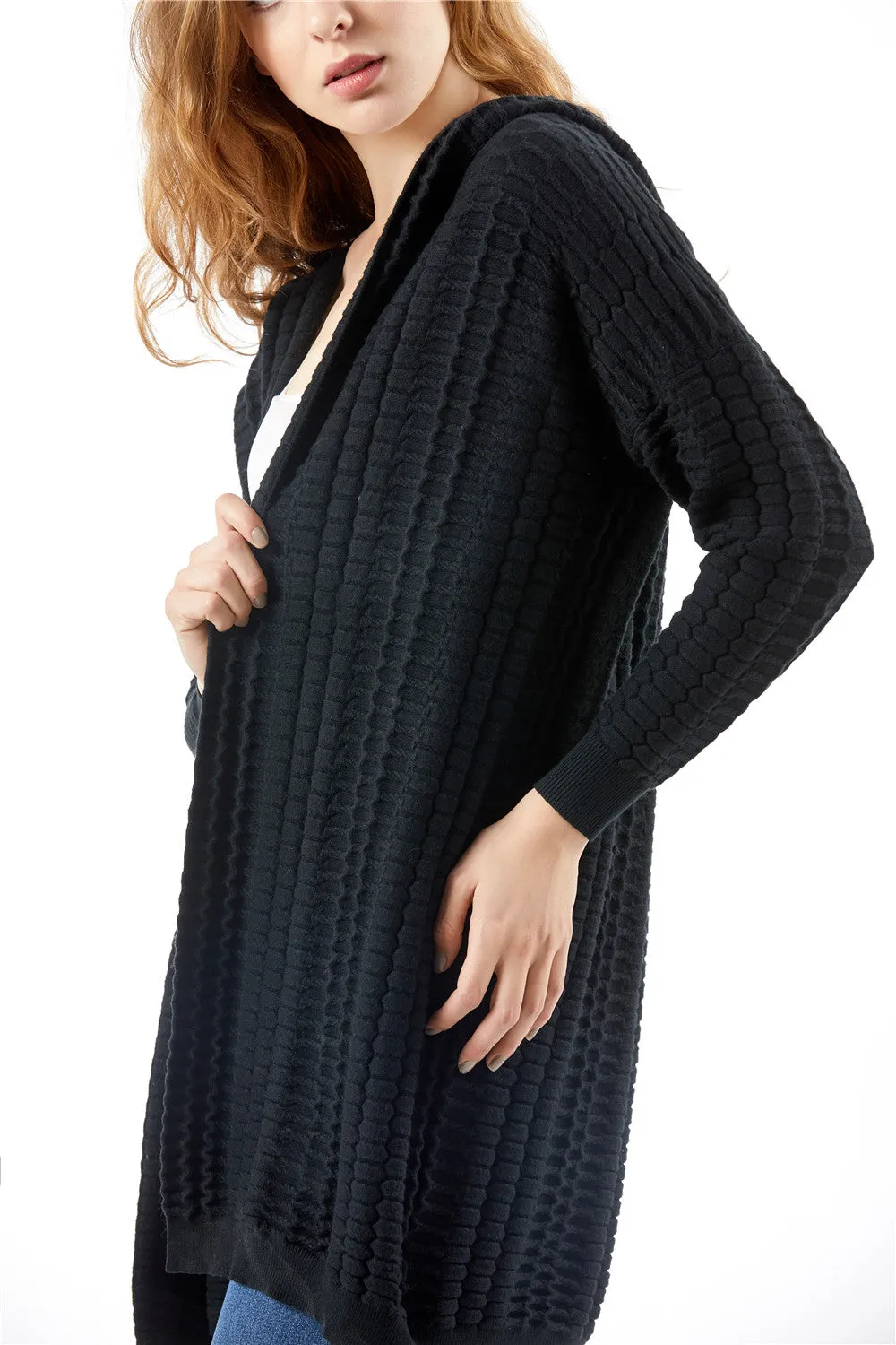 Knitted Women Casual Acrylic Jacquard Long Sweater Cardigan Hoodie