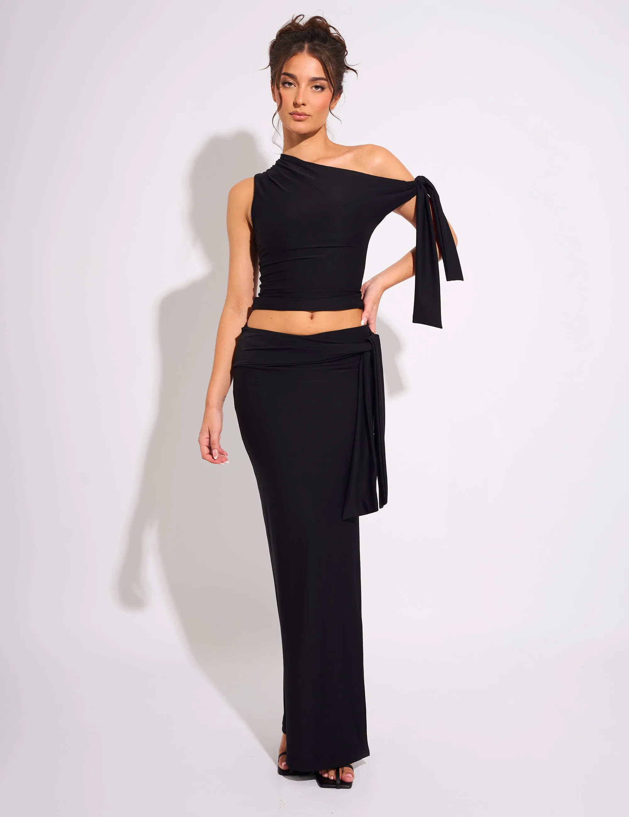 Knot Detail Luxe Slinky Maxi Skirt Black