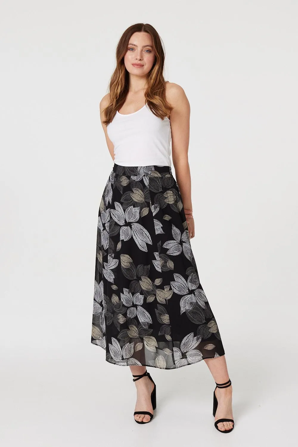 Leaf Print High Waist Midi Skirt