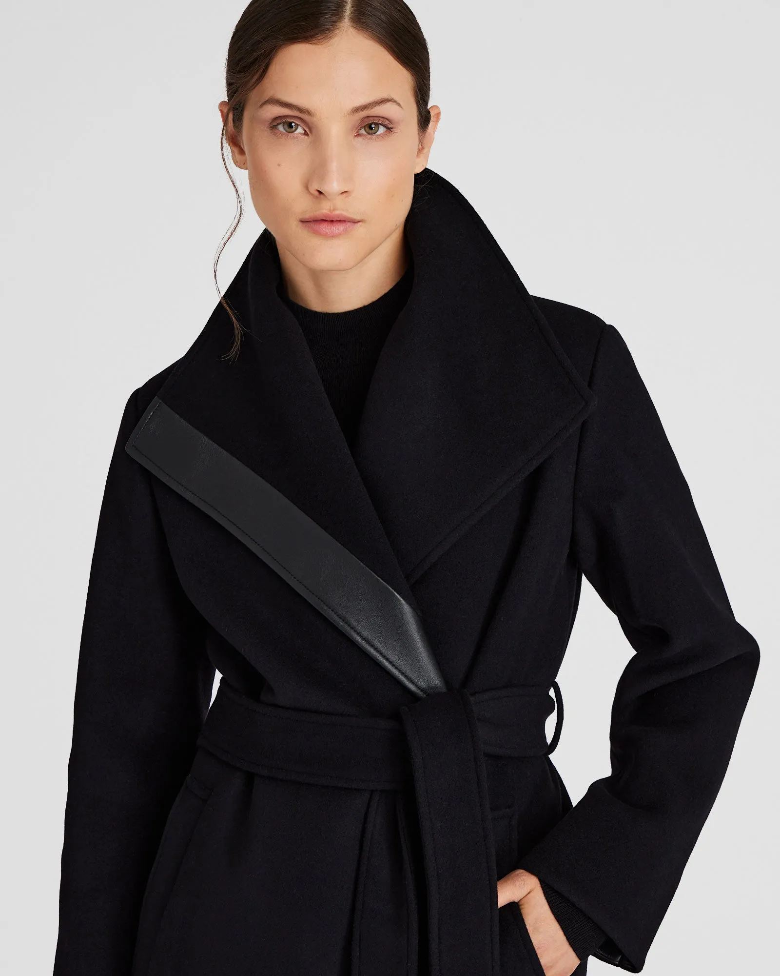 Leather Detail Wrap Coat