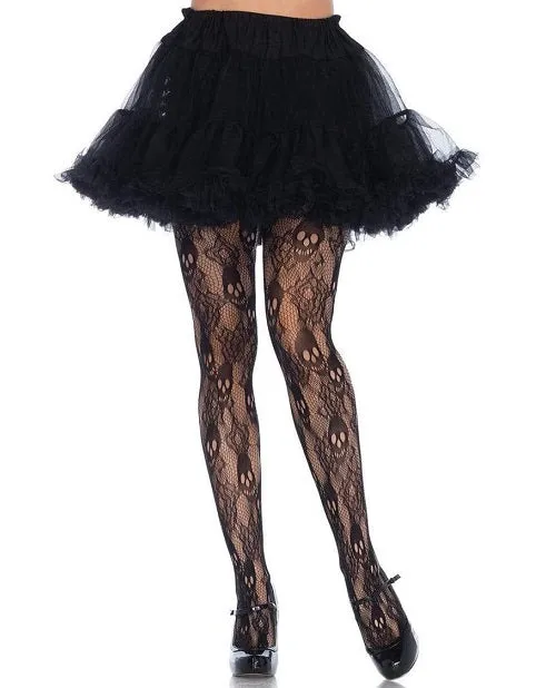 Leg Avenue Black Rose Skull Lace Tights - 1X-2X - Black