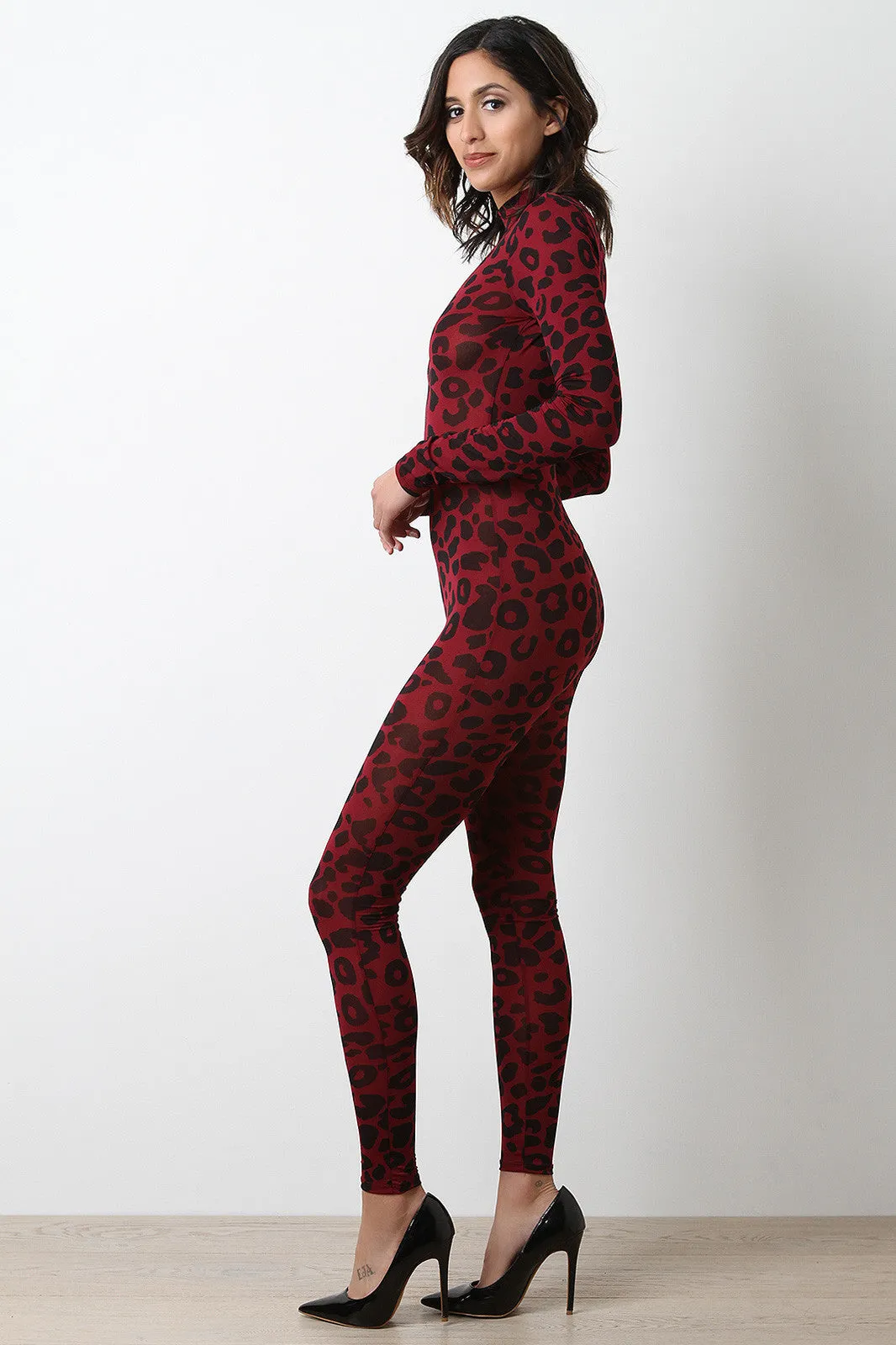 Leopard Print Mock Neck Long Sleeves Jumpsuit