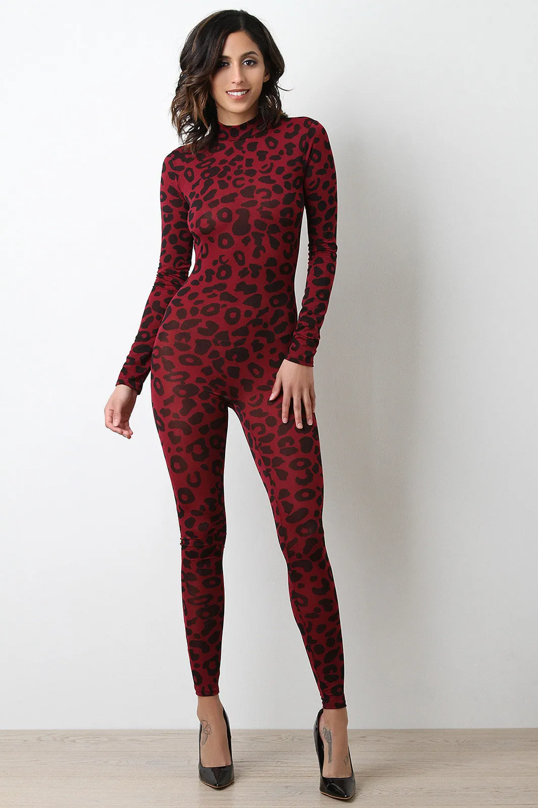 Leopard Print Mock Neck Long Sleeves Jumpsuit