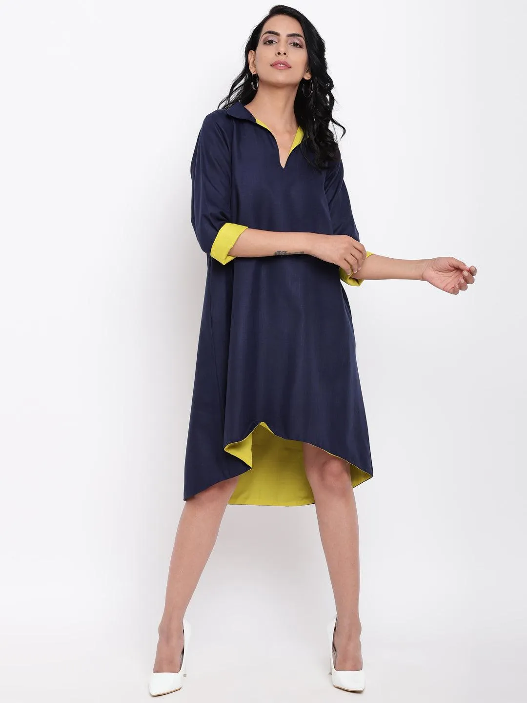 Linen Cotton Blue Collared Dress