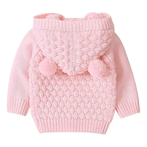 Little Surprise Box Infants Baby Pink Knitted Cardigan Sweater with Pom Pom Hoodie