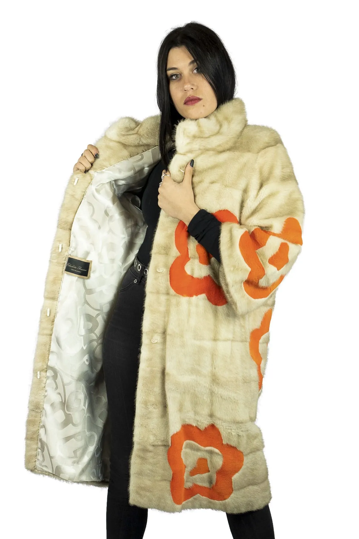 Long coat in Fur by mink with inlays Floral in mink colour Orange