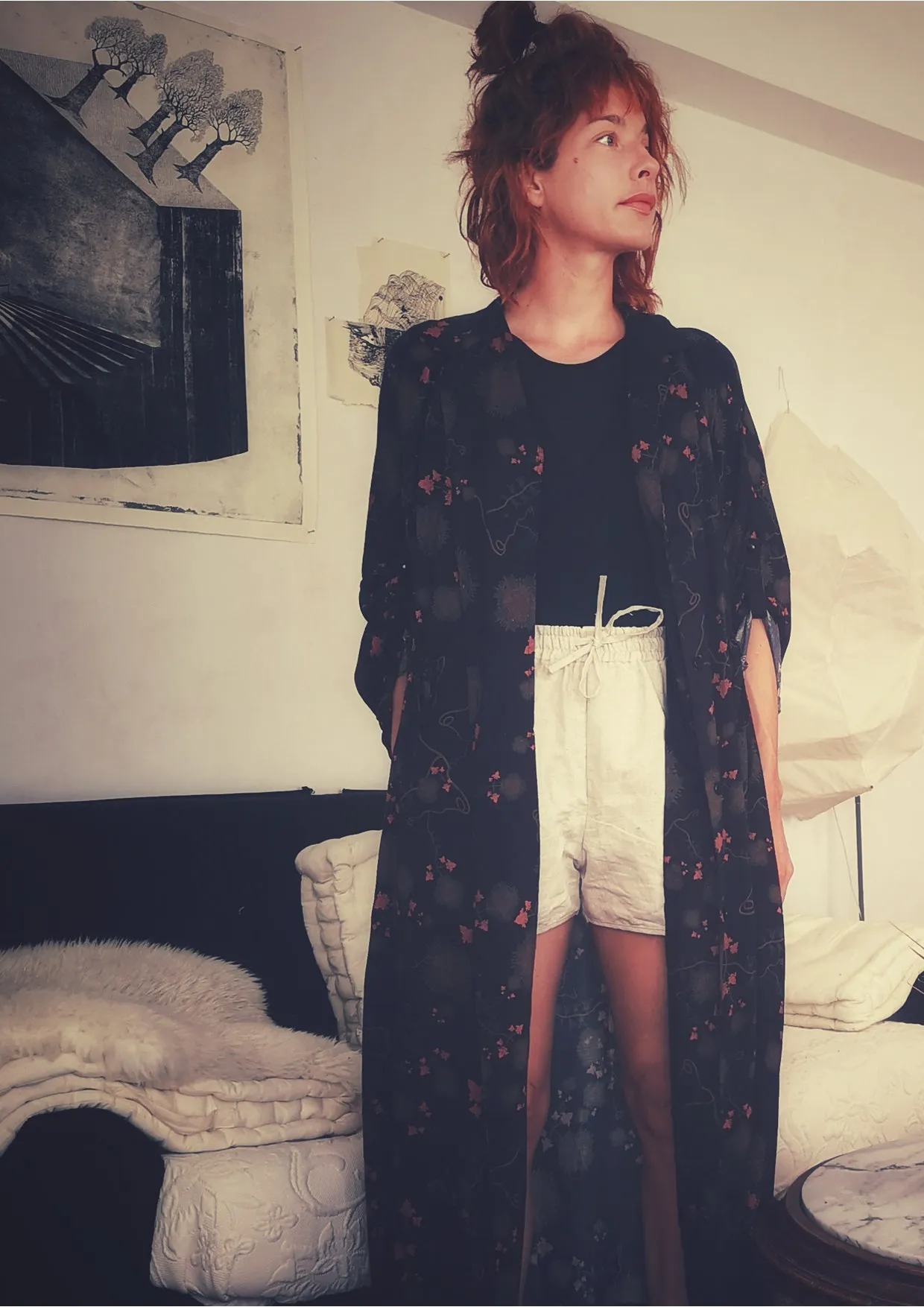 LONG SUMMER DRESS/COAT - RAYON printed black/rust