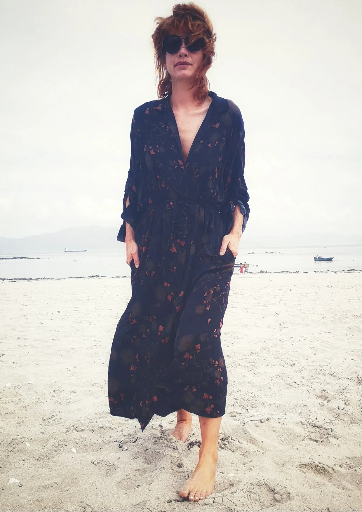 LONG SUMMER DRESS/COAT - RAYON printed black/rust