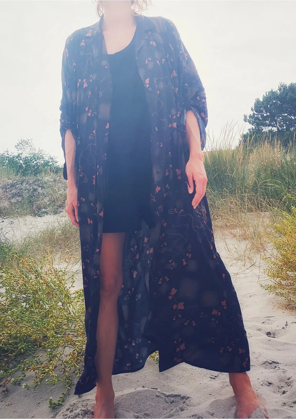 LONG SUMMER DRESS/COAT - RAYON printed black/rust