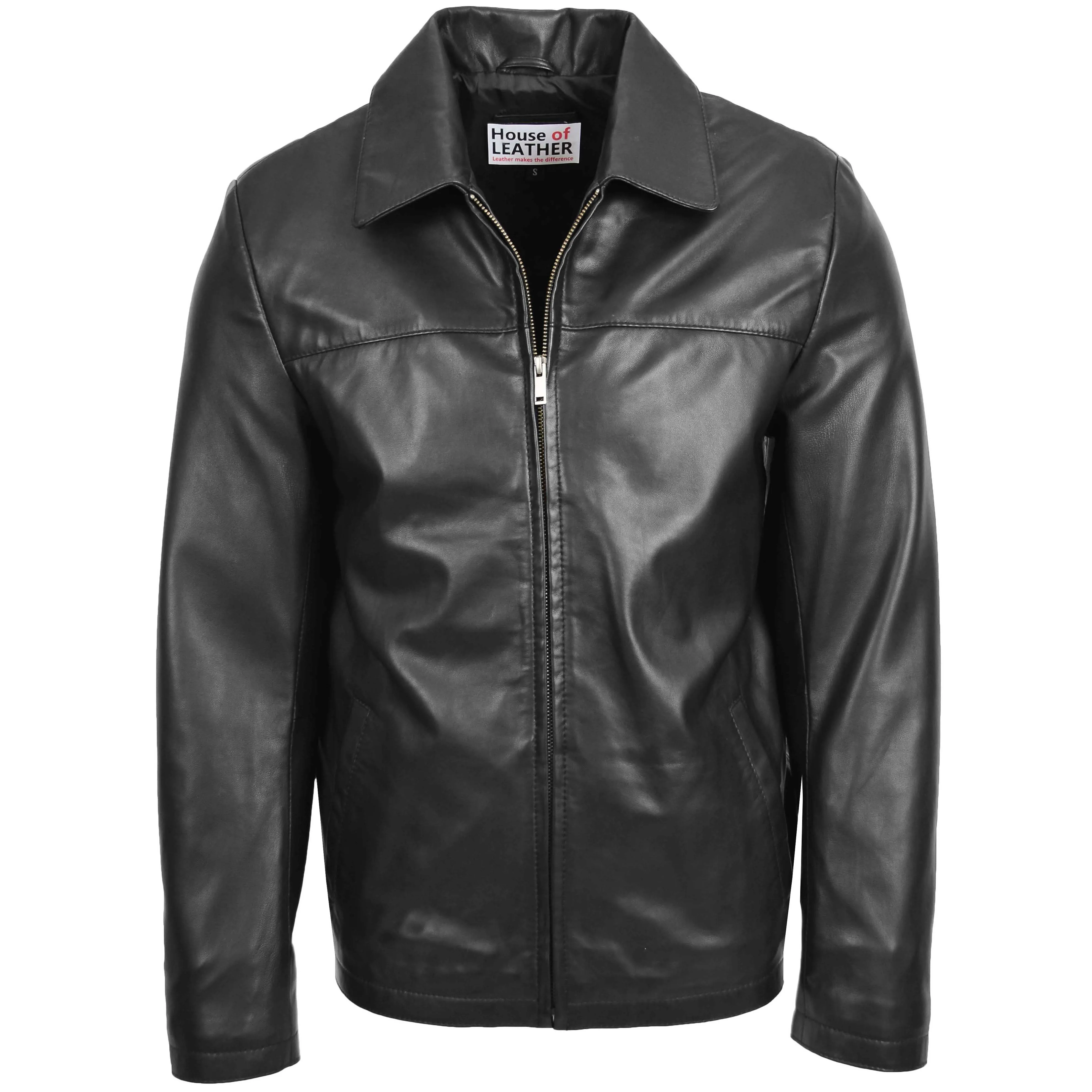 Mens Leather Zip Box Harrington Jacket James Black