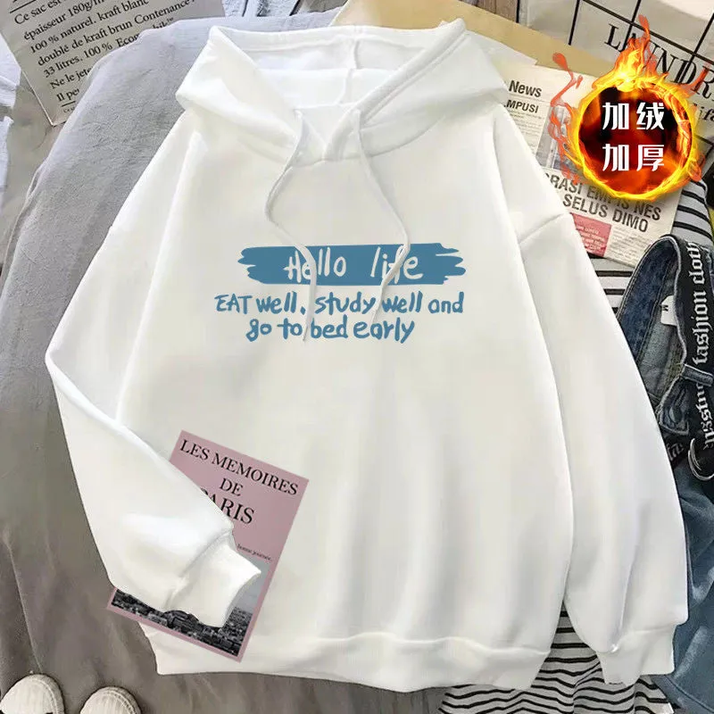 METAVERSMALL Hooded sweater women's white autumn and winter new letters fresh and sweet long-sleeved jacket student loose top trendy