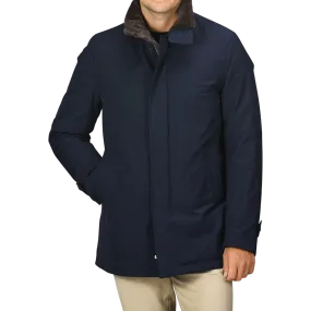 Navy Blue Faux Fur Lined Nylon Car Coat