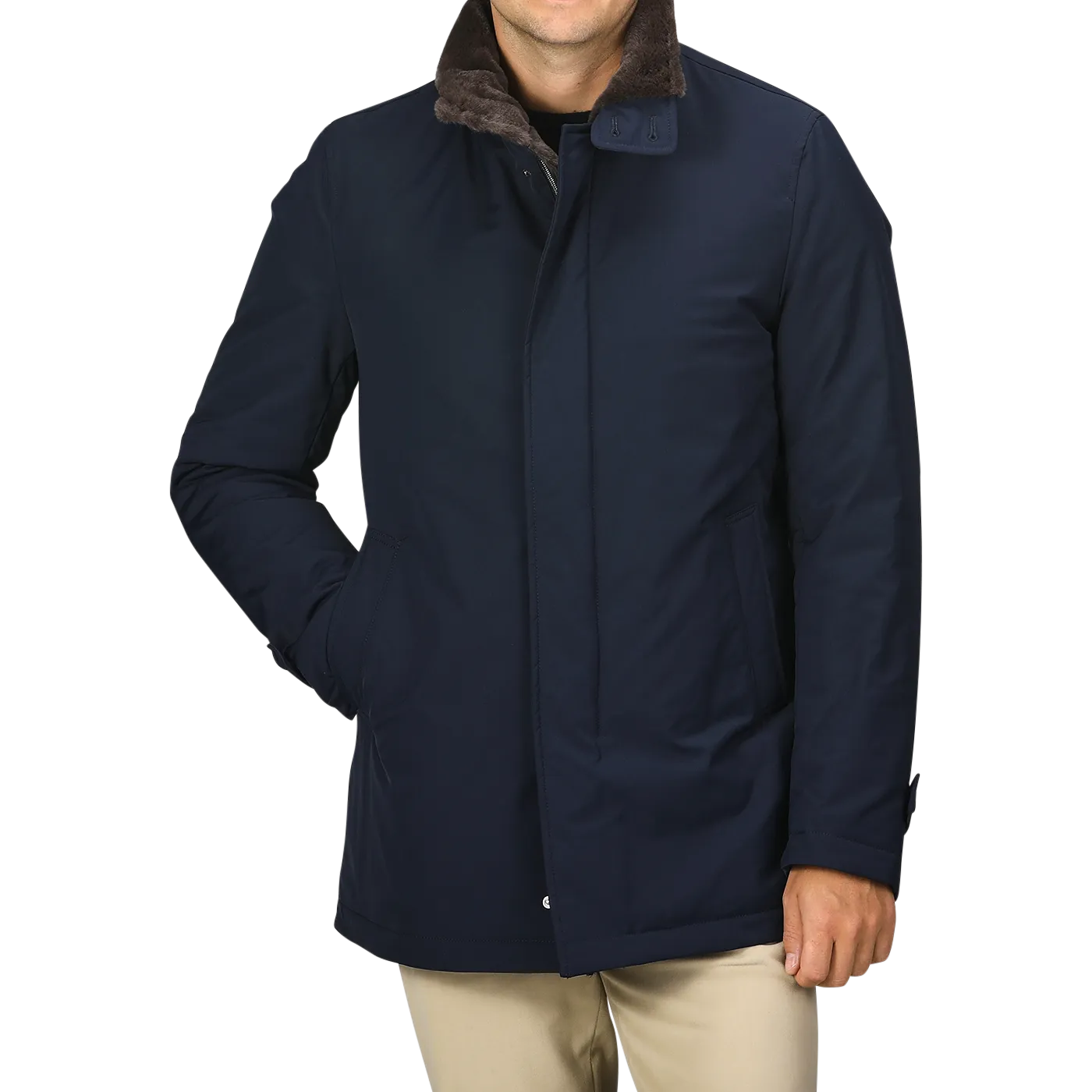 Navy Blue Faux Fur Lined Nylon Car Coat