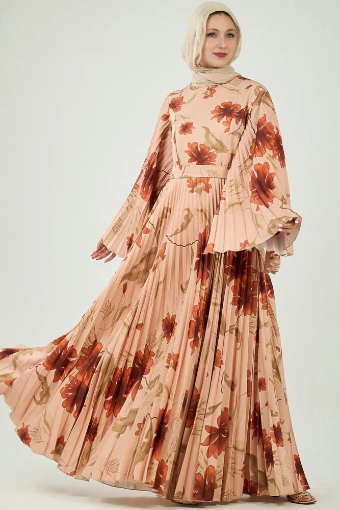 Naya Elegance Crepe Maxi Dress with Pleated Bell Sleeves in Bold Floral Print