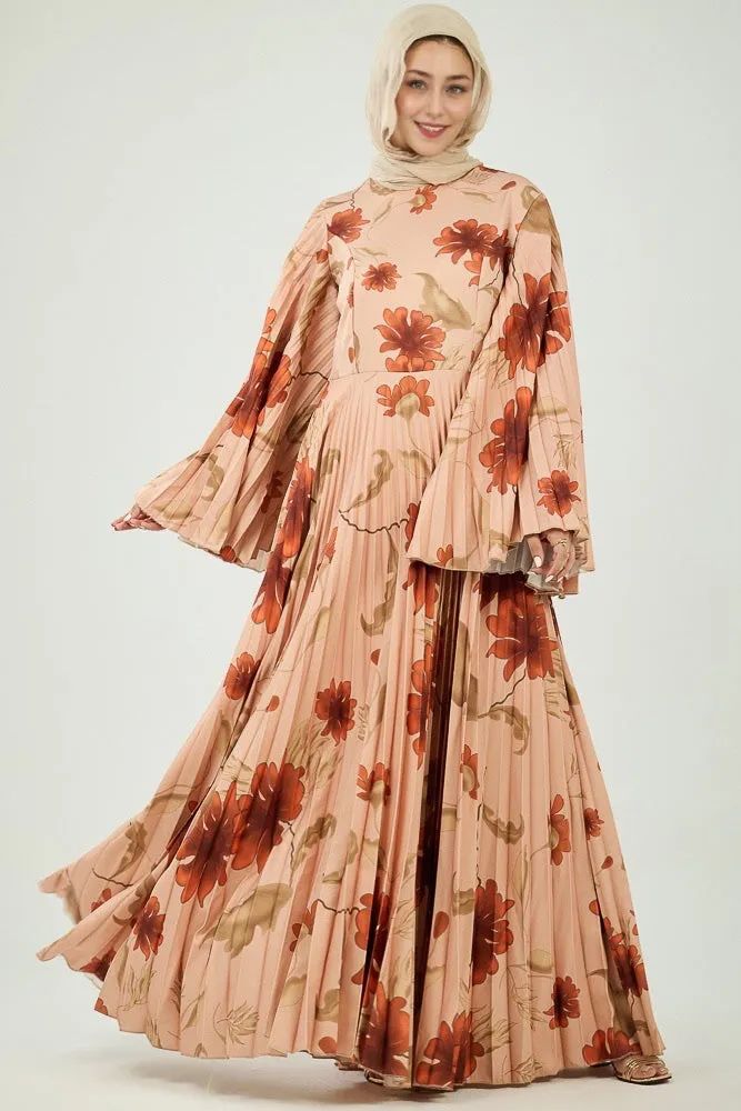 Naya Elegance Crepe Maxi Dress with Pleated Bell Sleeves in Bold Floral Print