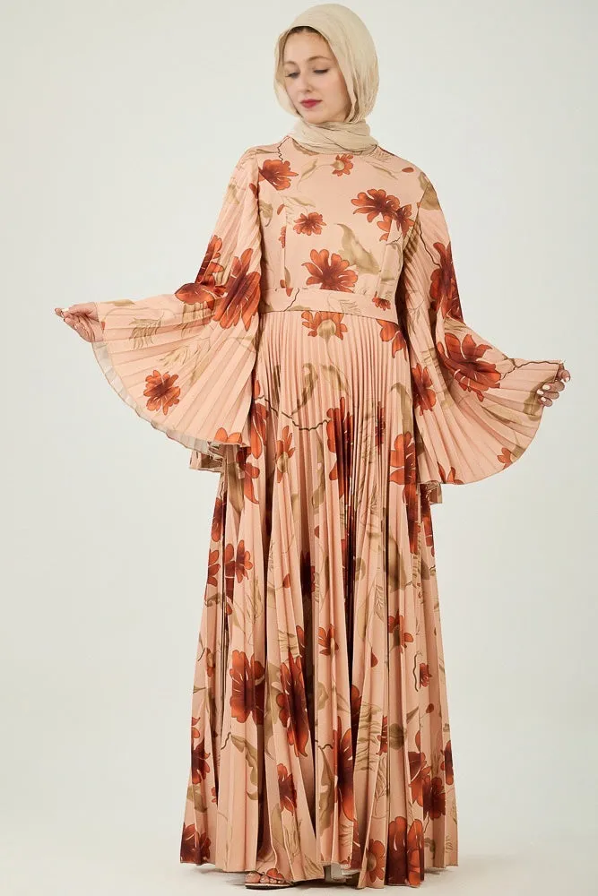 Naya Elegance Crepe Maxi Dress with Pleated Bell Sleeves in Bold Floral Print