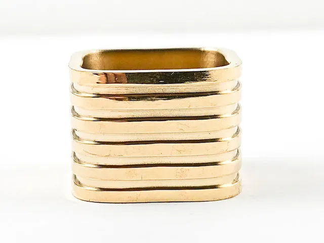 Nice Square Shape Ring With Multi Layer Pattern Design Gold Tone Steel Ring