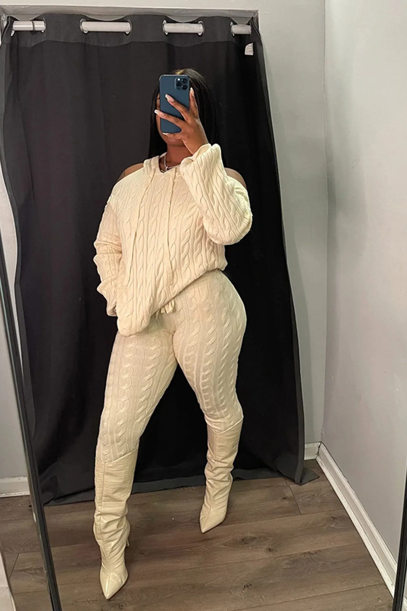 Off Shoulder Knitted Hoodie Suits