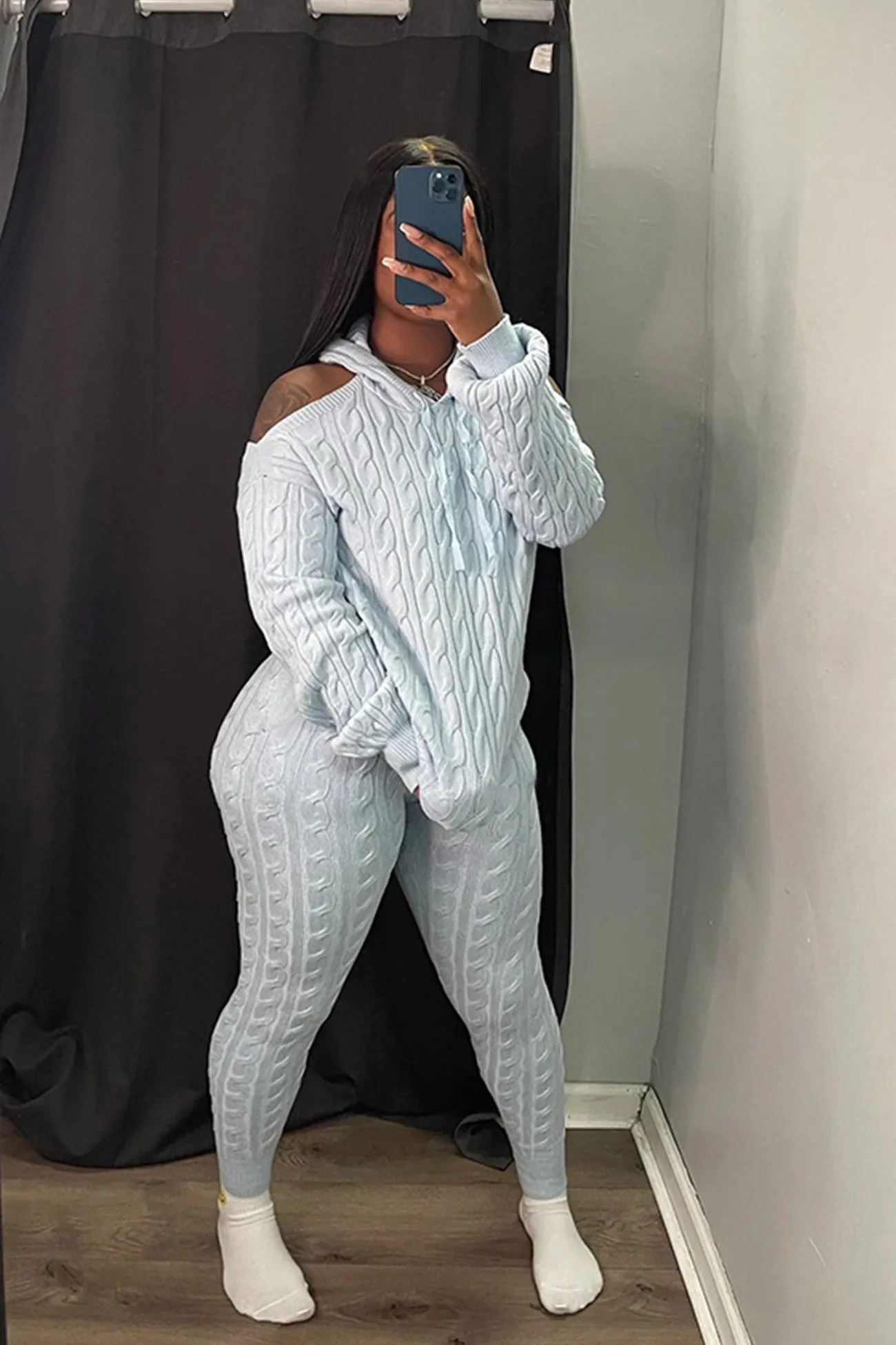 Off Shoulder Knitted Hoodie Suits