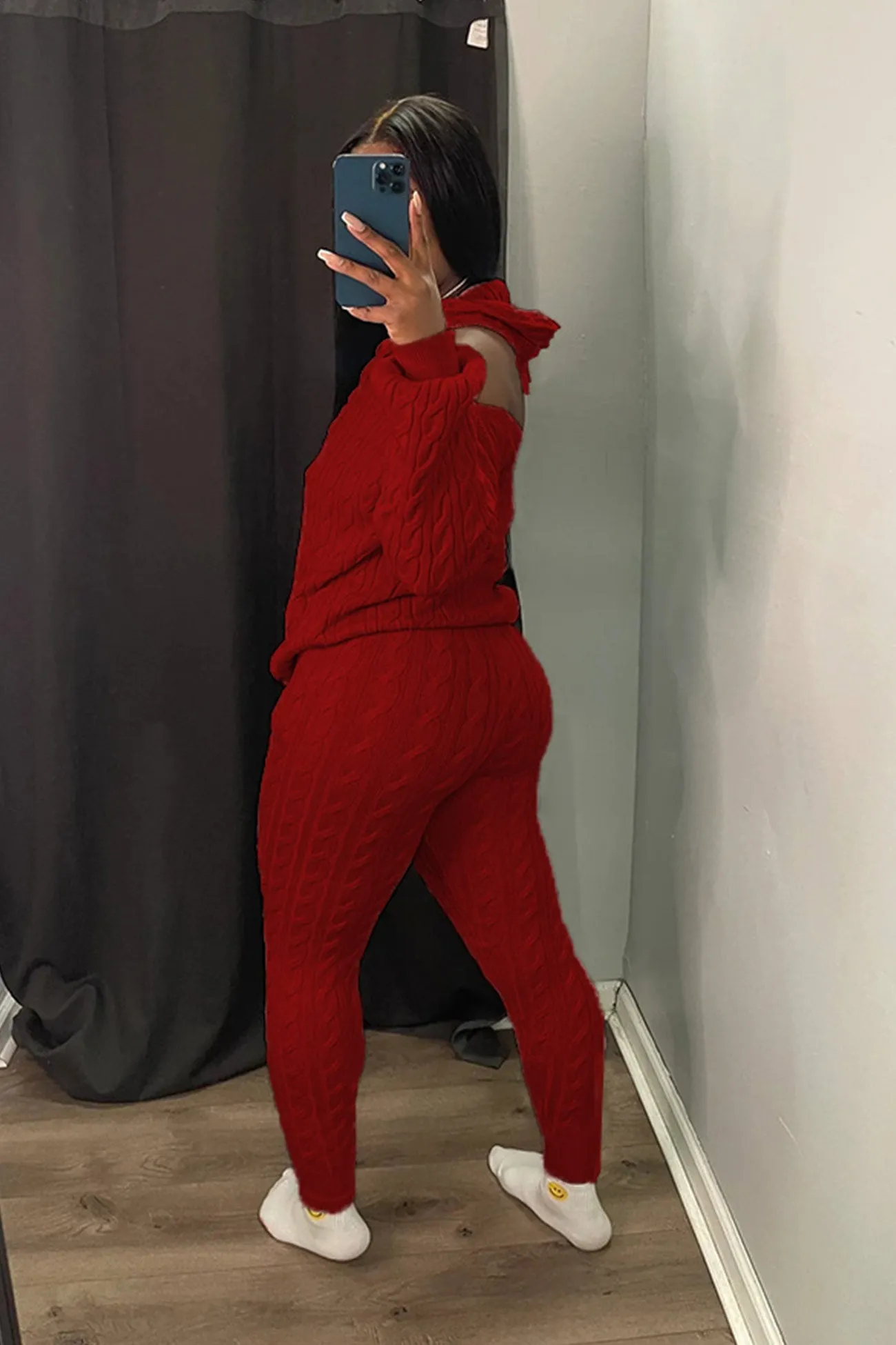 Off Shoulder Knitted Hoodie Suits