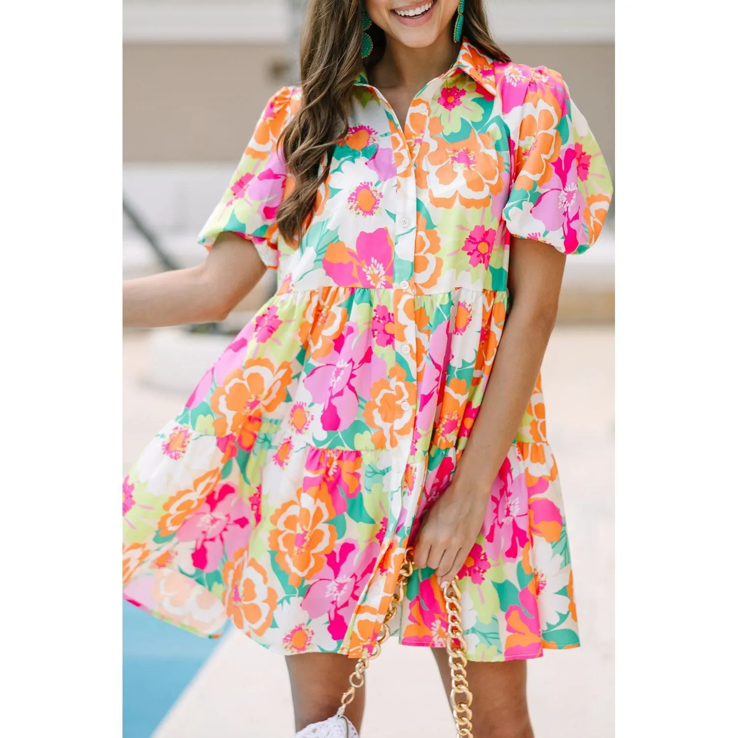 One Step At A Time Pink Floral Puff Sleeve Babydoll Dress