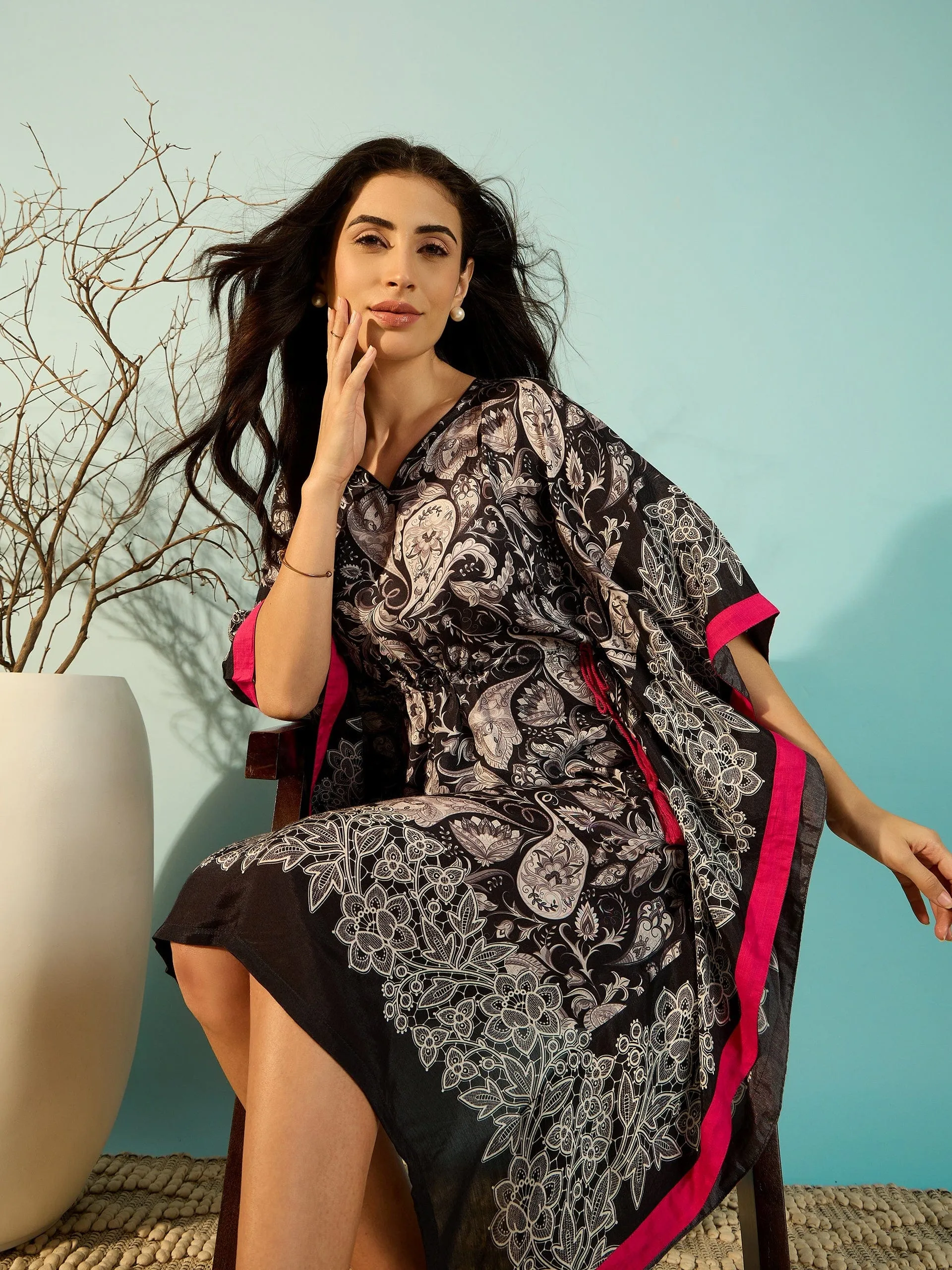 Paisley Printed Black Kaftan Dress For Women