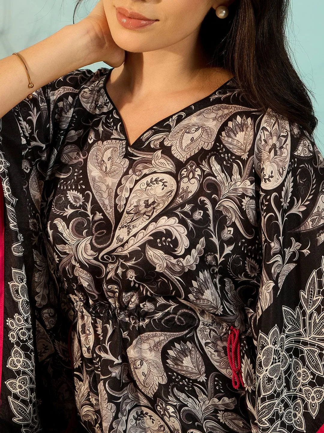 Paisley Printed Black Kaftan Dress For Women