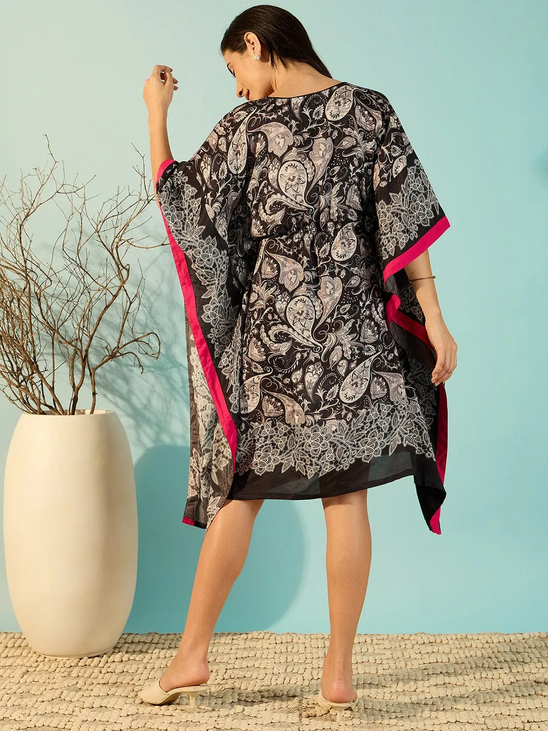 Paisley Printed Black Kaftan Dress For Women