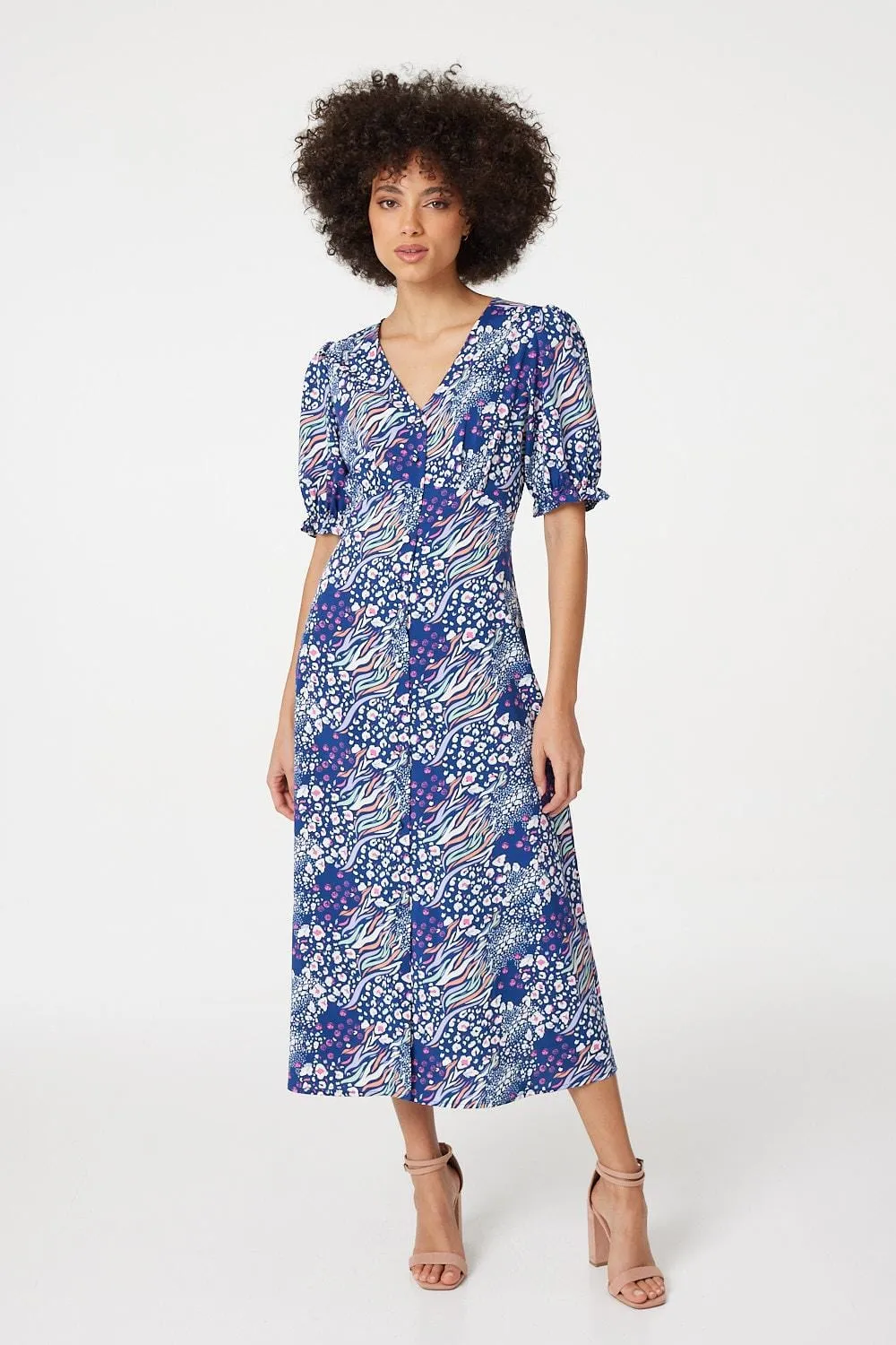 Patchwork Print Midi Tea Dress