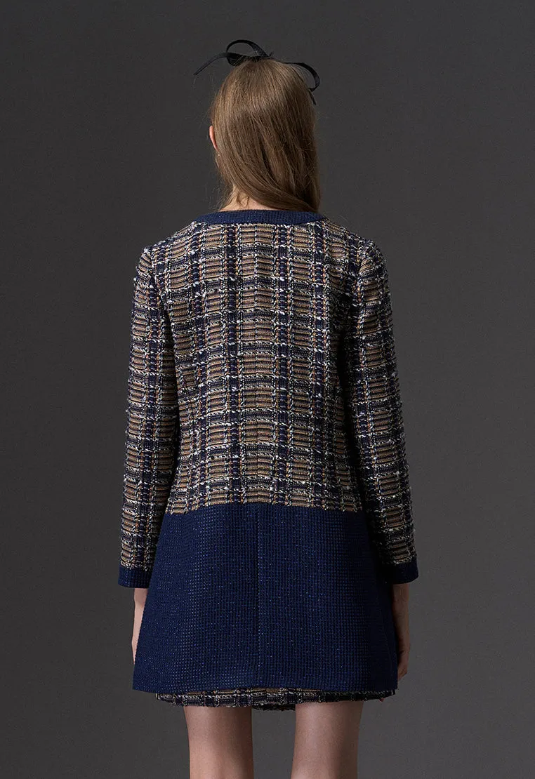 Patchwork Yellow and Dark Blue Tweed Coat