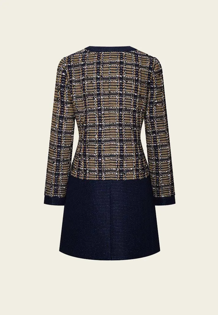 Patchwork Yellow and Dark Blue Tweed Coat