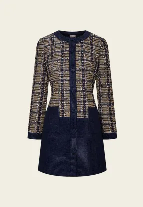 Patchwork Yellow and Dark Blue Tweed Coat