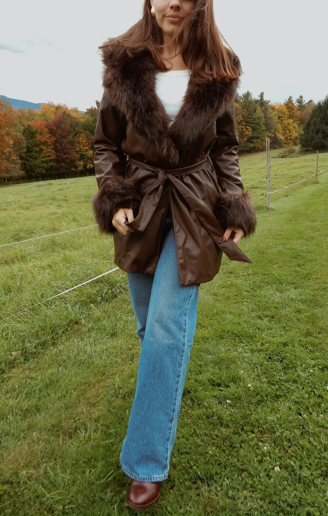 Penny Lane Coat ~ Cocoa Faux Leather with Faux Fur