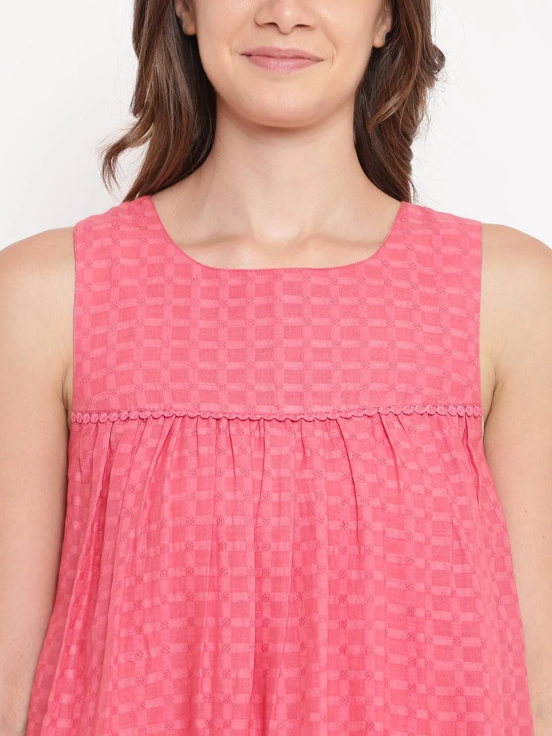 Pink Grid Gathered Dress