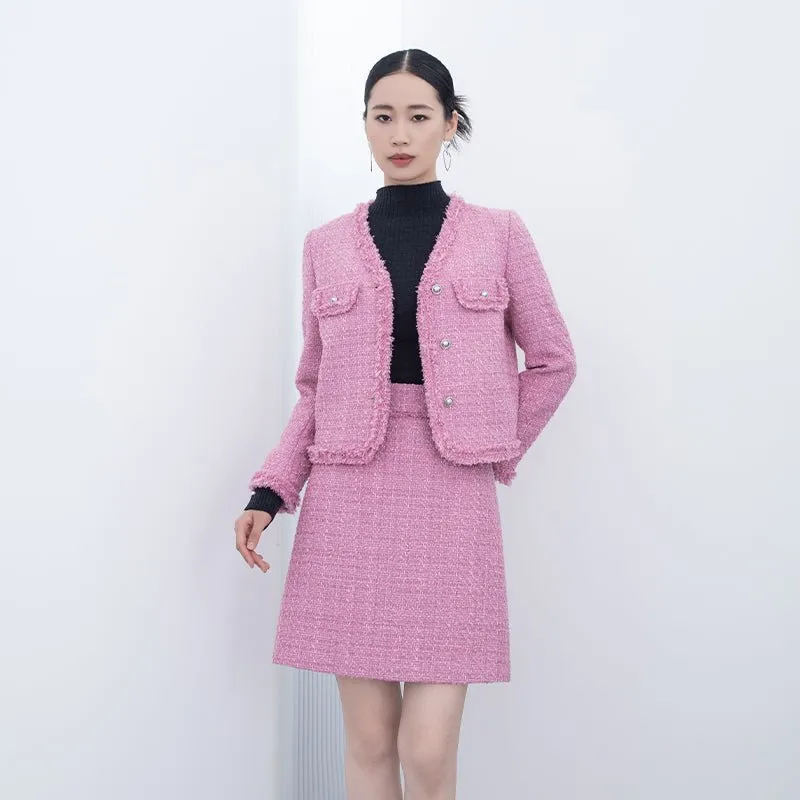 Pink Tweed V Neck Short Coats