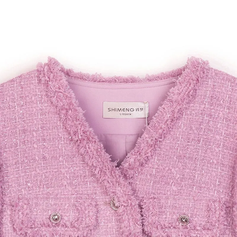 Pink Tweed V Neck Short Coats